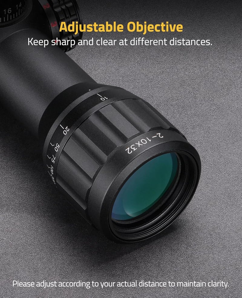 CVLIFE 2-10x32 MPVO AO Rifle Scope with Locking Turret, 5 Levels Red & Green Illumination Reticle, Parallax Adjustment, Second Focal Plane Scopes with 30mm Offset Scope Mount - Image 4